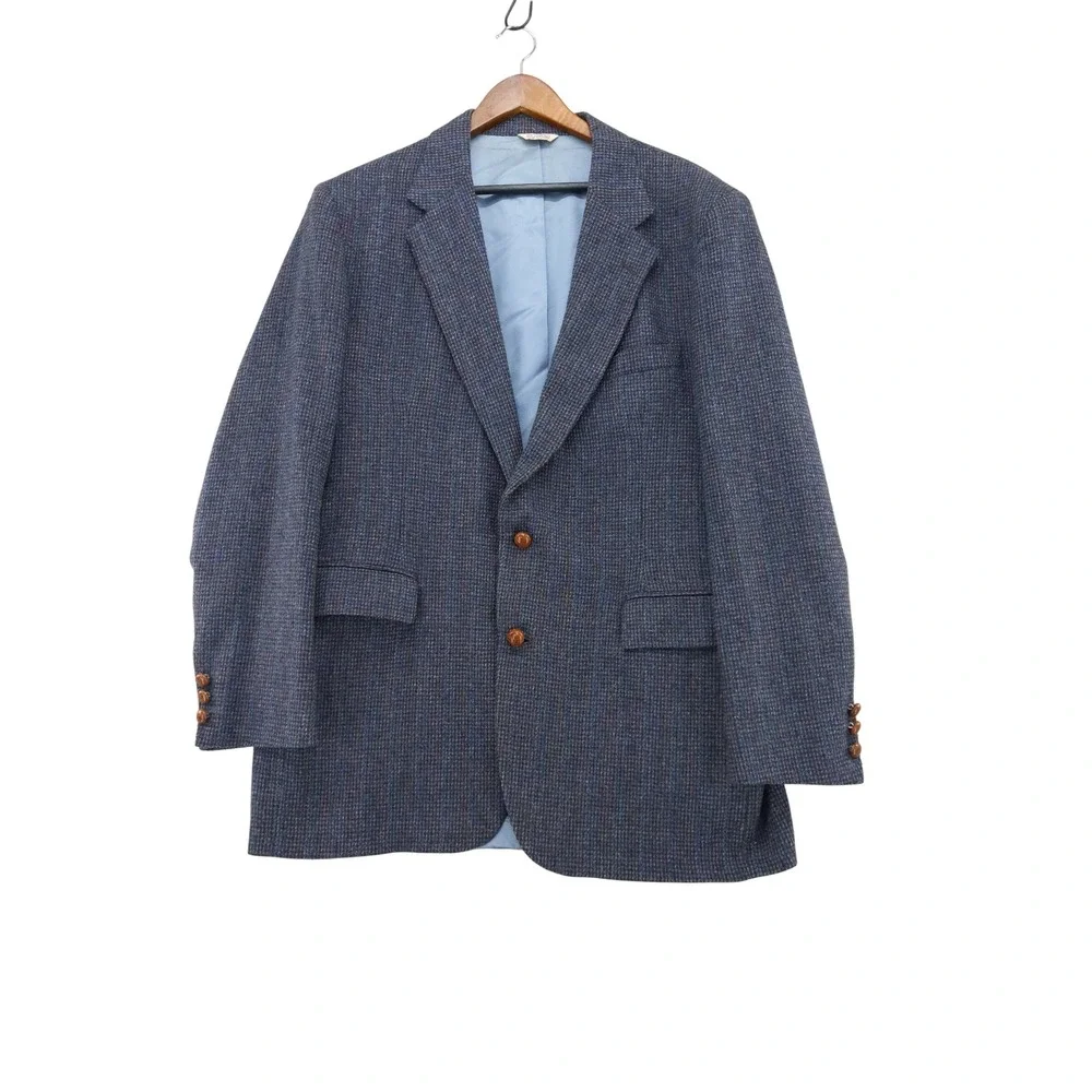 Vintage Wool Tweed Sport Coat Mens 44L Blue Brown Micro Check Two Button Blazer
